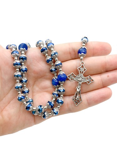 Deep Blue Crystal Beads Rosary Blue Agate Glory Stones Miraculous Medal & Cross - Picture 3 of 6