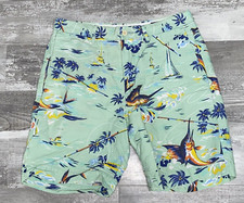 Polo Ralph Lauren Shorts Men 30 Linen Hawaiian Sword Fish Sail Boat Palms Green