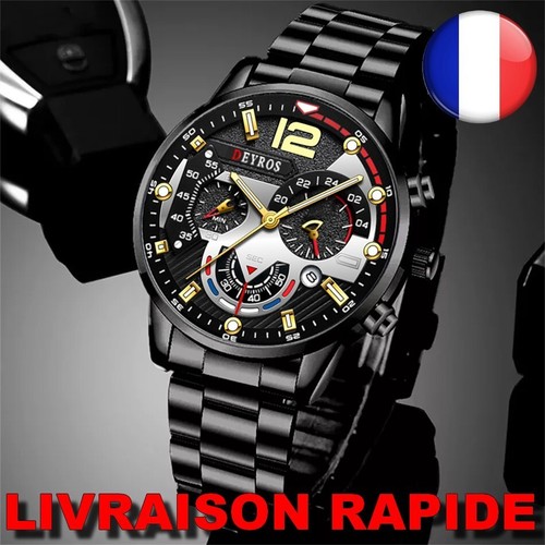 Montre Homme Grand Cadran Acier Inoxydable - Quartz - Bracelet Acier - NEUF