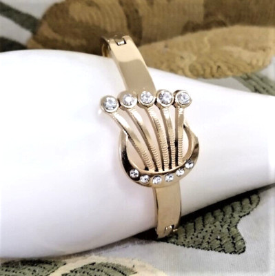 Music Crystals Harp Deco Style Bangle Gold Tone Happy Bracelet
