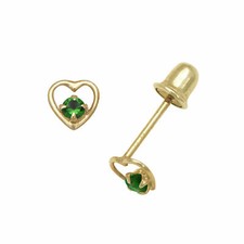 Baby Girl Emerald Birthstone Heart Shape Stud Earrings Screw 14K Yellow Gold