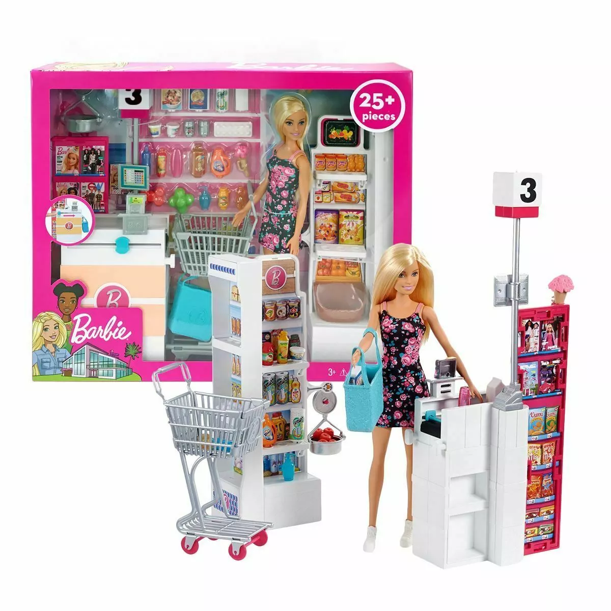 New Barbie Doll & Supermarket Playset 25+ Pcs Shopping Trolley Pretend Role  Play 887961632309