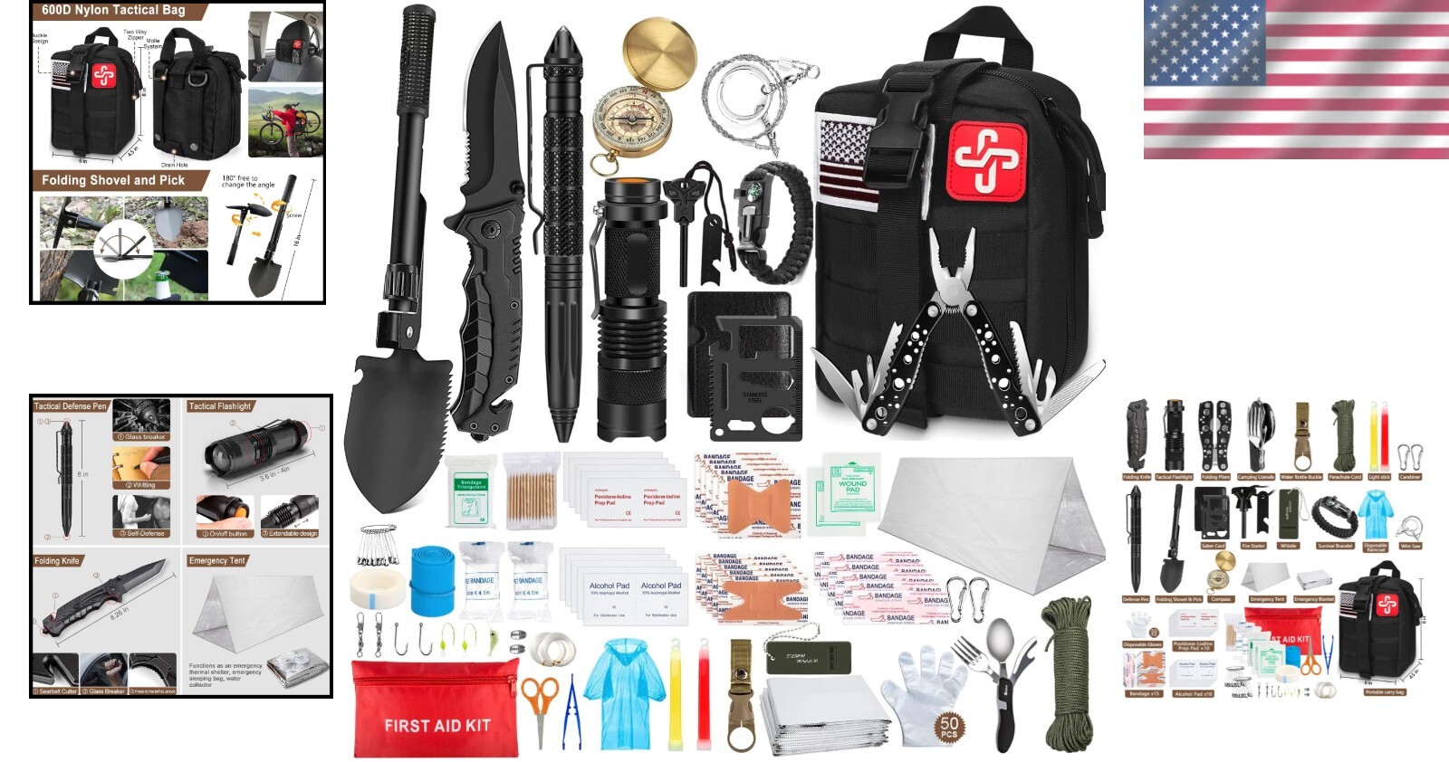 Lightweight 238-Pc Emergency Kit with First Aid & Tactical Gear for Outdoors