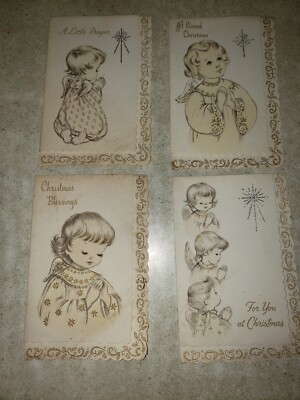 Set Of 4 Vintage Little Girl Angels Christmas Cards, Un-used But Some Flaws,MCM?