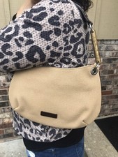 Borsa piccola KRIZIA in pelle marrone chiaro e tela beige