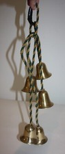 Set of 5 Gold Bells with Gold Green Braided Rope Hangers Christmas