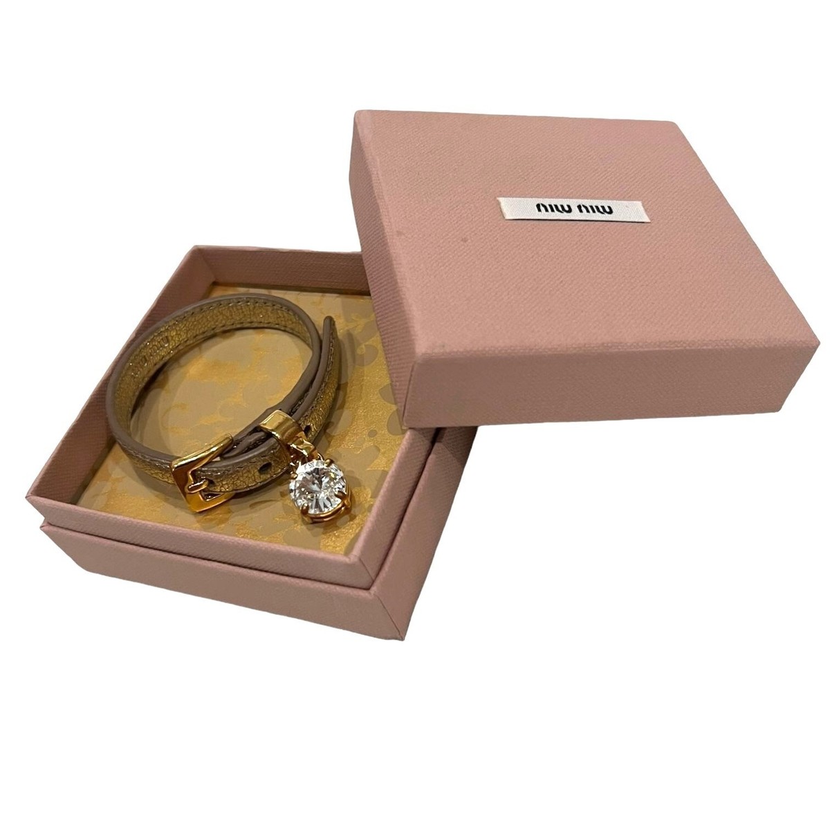 【関税&送料込】Miu Miu Brown Leather Bracelet MIU MIU: Gray Leather & Gold Metal with White Cristal