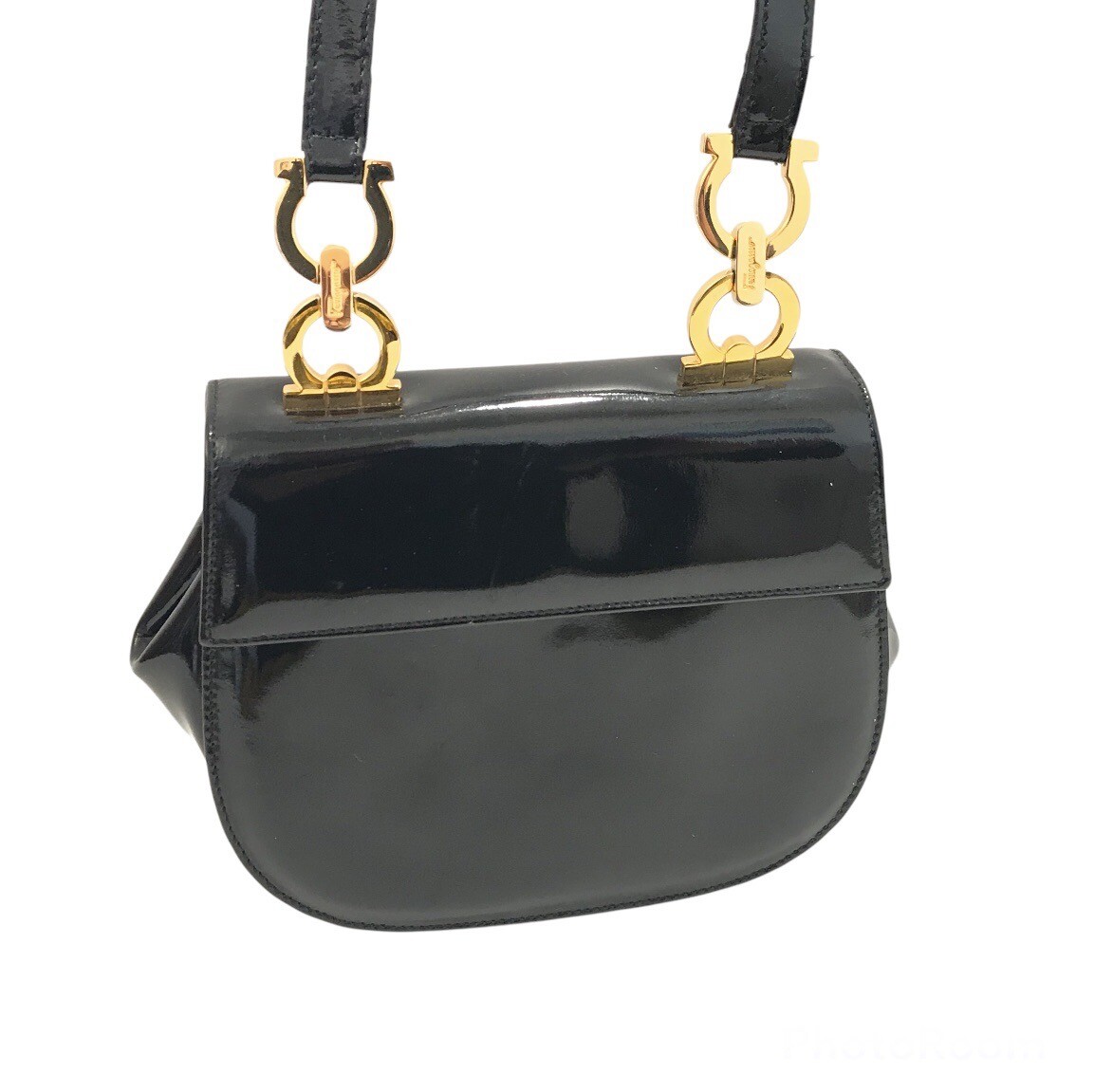 FERRAGAMO Vintage #AT3151 Gancini Black Patent Ltr Saddle Bag RARE