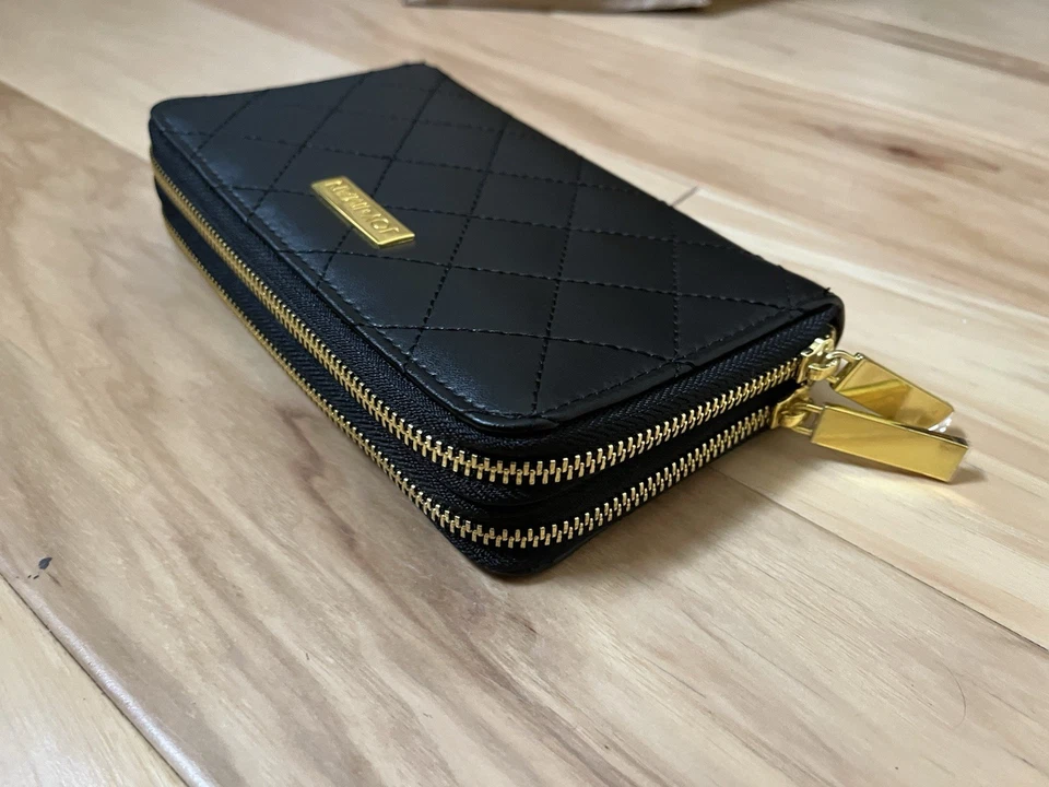 JOY & IMAN Cartera de Cuero Negra Doble Cremallera 5x8" 12 Ranuras para Tarjetas de Crédito Foto 2 de 4