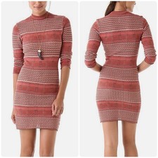 Free People Groovy Red Boho Mock Neck 3/4 Sleeve Knit Sweater Dress Womens sz M