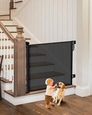Retractable Baby Gate - 55" Wide Mesh Pet with Anti-Crawling Hook, Safety Lock