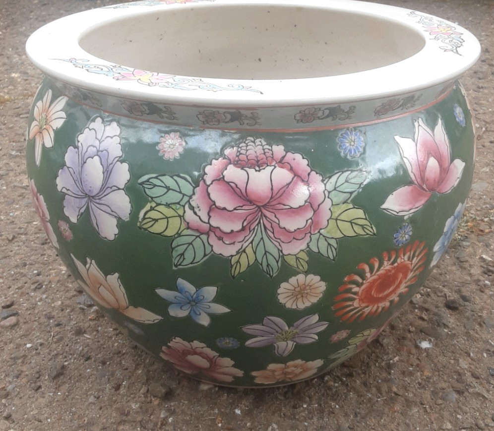 Vintage Large Chinese Fishbowl Planter Jardiniere Hand Painted Floral koi fish