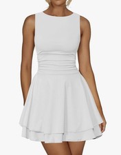 White Mini Dress, Ruffle Hem, Sleeveless Boat Neck, Ruched Mid-Section, Sz Small