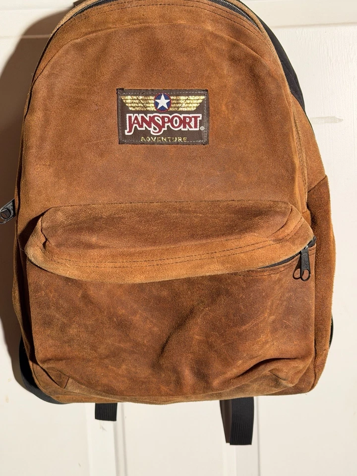 复古 Jansport 冒险背包麂皮绒皮革 15 英寸棕色 90 年代 Academia 旅行 — 第 3/4 张图片