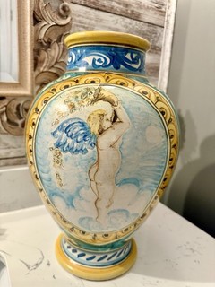 Fabulous Large Vintage Caltagirone Italian Pottery Cherub Vase Signed M