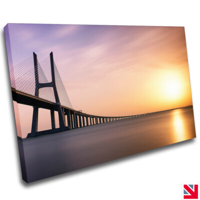 Vasco Da Gama Brücke Sonnenuntergang Portugal Wahrzeichen LEINWAND Wandbild Bild Druck