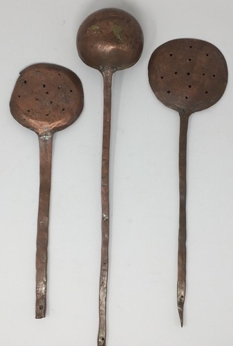 Vintage Hand Forged Copper Ladle Set 2 Strainers & 1 Ladle Primitive Americana - Picture 2 of 5