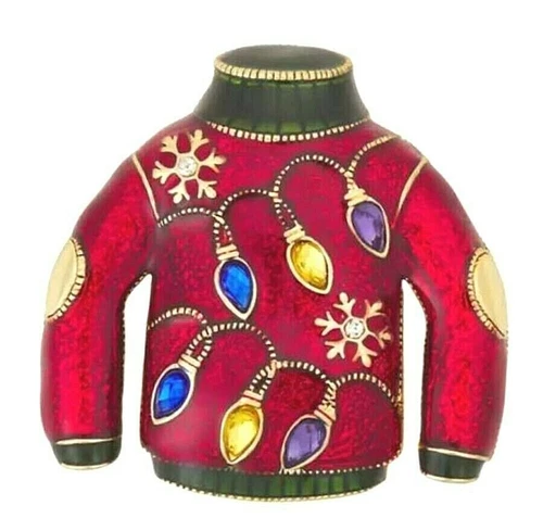 Napier Ugly Xmas Red Sweater Brooch Pin w String of Lights Holiday Gift Box NEW
