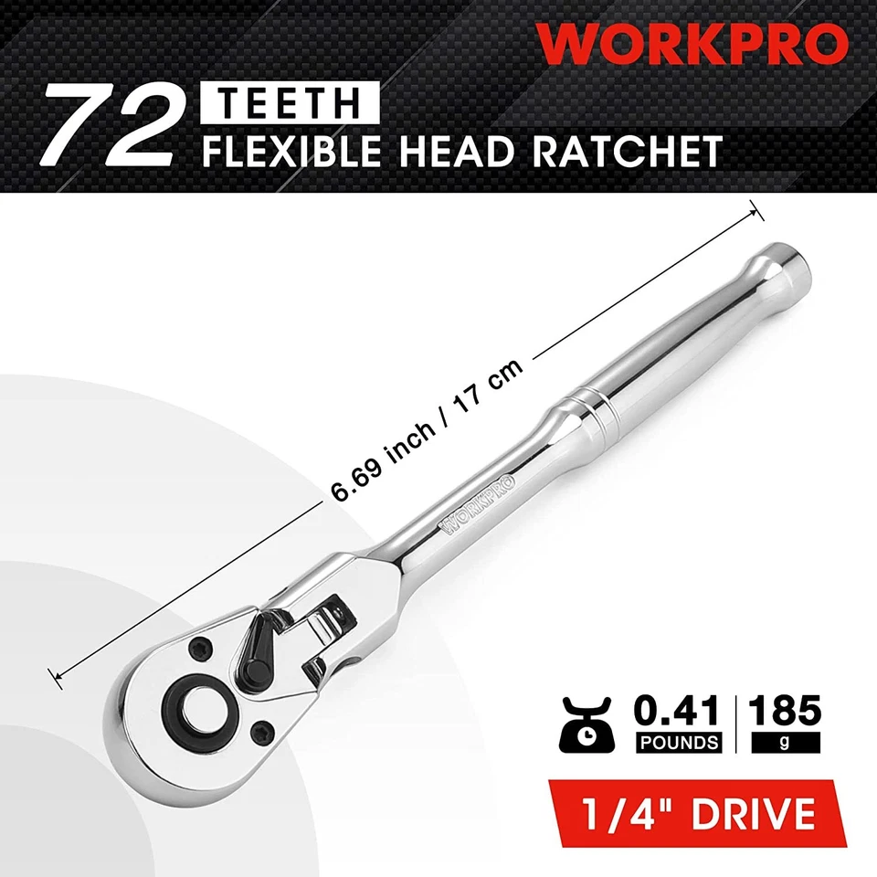 WORKPRO 1/4" Drive Flex Head Ratchet 72-Tooth Ratchet Flex Head Chromium Plating - Image 3 of 4