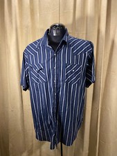 Mens Vtg 80s Plains Big Western Shirt 2X Blue Striped S/S Poly/Cot Snaps Rodeo