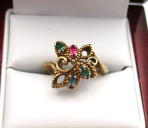 10K Yellow Gold Ruby, Emerald, Topaz Cocktail Ring Size 7 [R330]