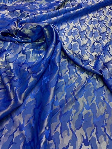 Army Camouflage Viscose Iridescent Satin Feel Non Static Fabric Blue Silver - Picture 3 of 3