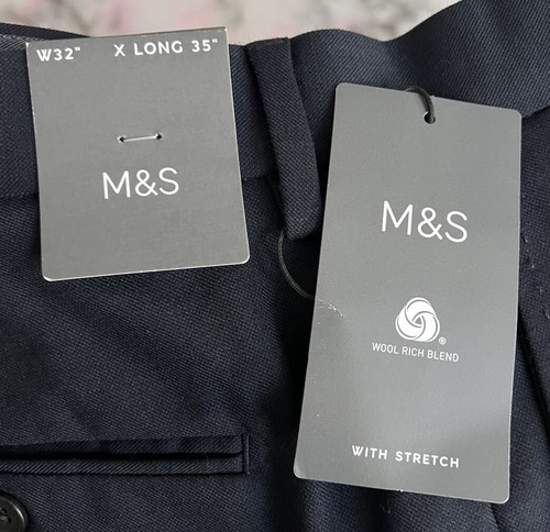 Marks And Spencer M&S Regular Fit Wool Blend Trousers W 32 L 35” Extra Long Navy - Picture 6 of 8