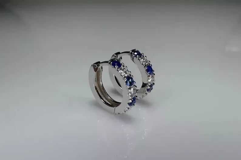 0.40CT Round Natural Sapphire & Diamond Hoop Earrings For Women 14k White Gold - Image 2 of 4