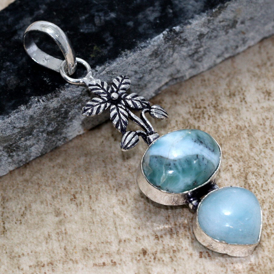 925 Silver Plated Larimar Ethnic Long Pendant Handmade Jewelry Size 2.5
