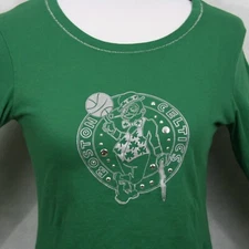 NBA Boston Celtics Kelly Green Cotton Tee Shirt w/Beads & Silver Stitch SZ L EUC