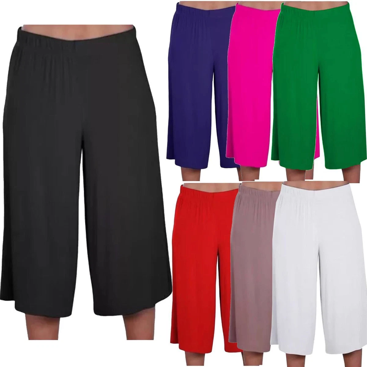 New Ladies Plain 3/4 Length Short Trousers Casual Wide Leg Culottes Pants  8-26