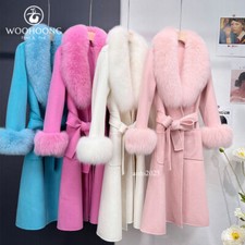 Winter Womens New Real Fur Coat Fox Fur Collar 100 Wool Cashmere Coat Long Belt