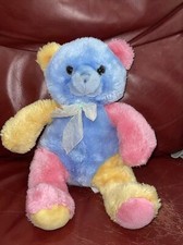 VTG Pastel Teddy Bear Plush 15" Lovey Stuffed Animal Toy Pink Yellow Blue Baby
