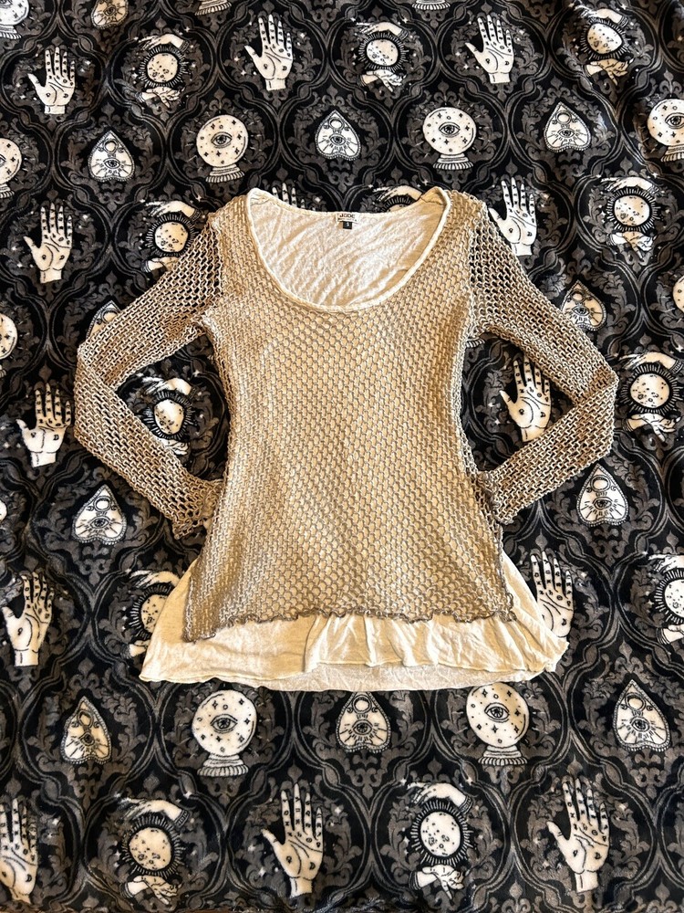 Vintage grunge avant-garde post-apocalyptic layered knit mesh shirt for women