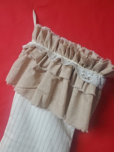 Christmas Stocking Shabby Chic Farmhouse Ruffle 17" Fully Lined - Picture 2 of 4