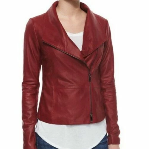 Giacca Moto Donna 100% Vera Pelle d'Agnello Rossa Pelle Rick Owens Style 421