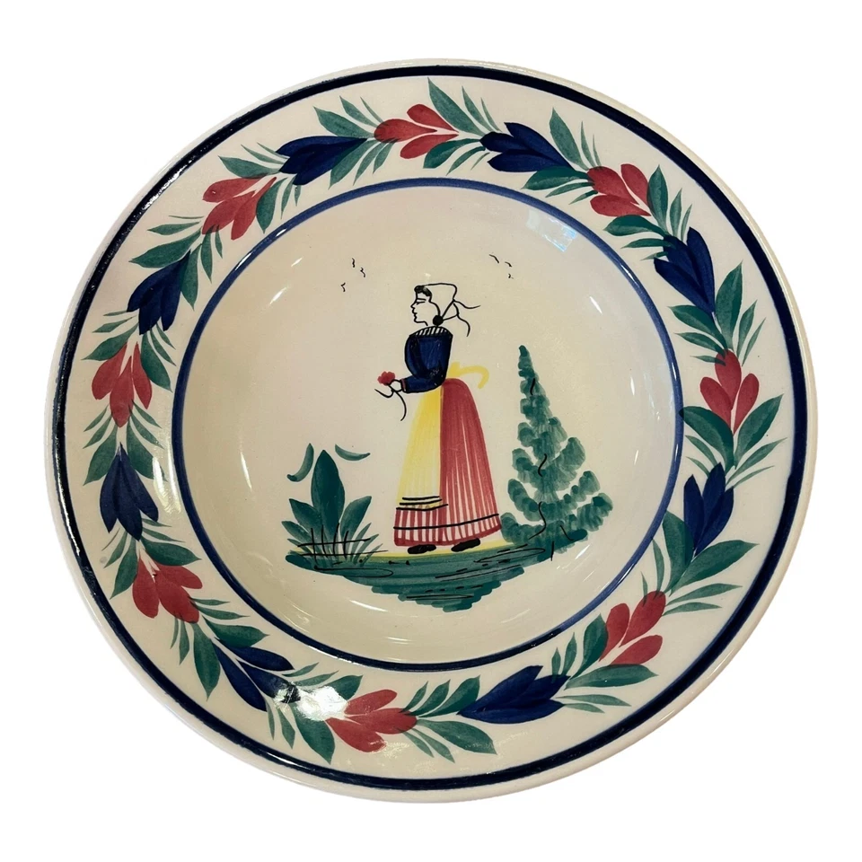 VTG HB Quimper Mistral Blue Lady 3 Lot Soup Cereal 9.25in Bowl Henriot France - Image 4 of 4