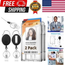 Rigid ID Badge Holder w/Retractable Reel Clip Clear, 2 Pack , Horizontal or Ver