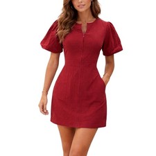 Lena Burgandy Cotton Puff Sleeve Zip Front Mini Dress Romantic Coquette  Small