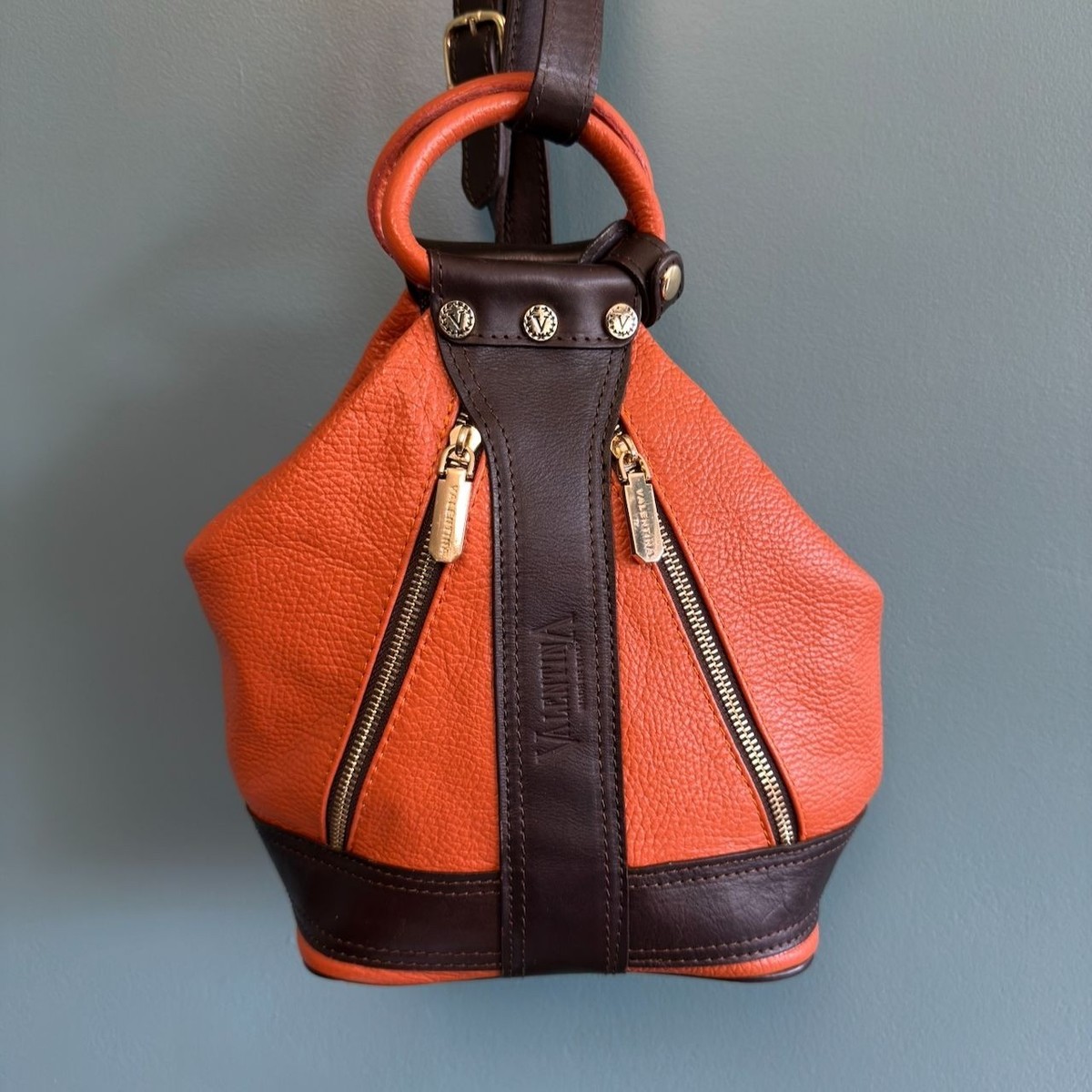 Valentina Italian Leather Shoulder Backpack Pebbled Orange  display picture 2