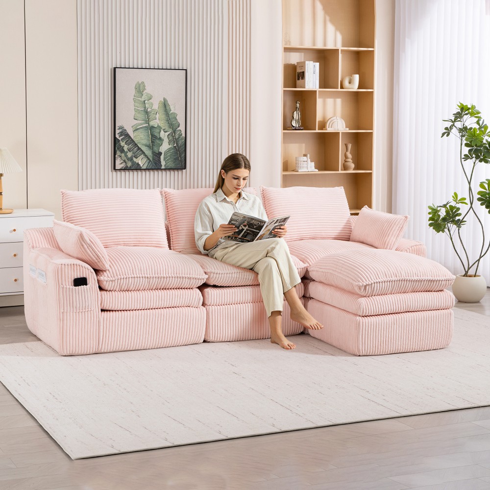 Modular L-Shaped Corduroy Sectional Cloud Sofa w/ Footstool & Pillows, Pink