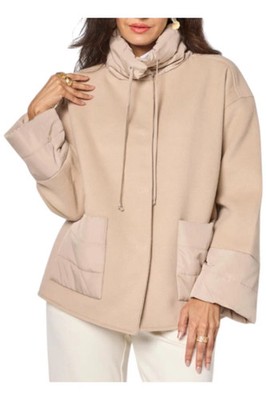WynneCollection Women's Melton Jacket with Quilted Puffer Soft Sand