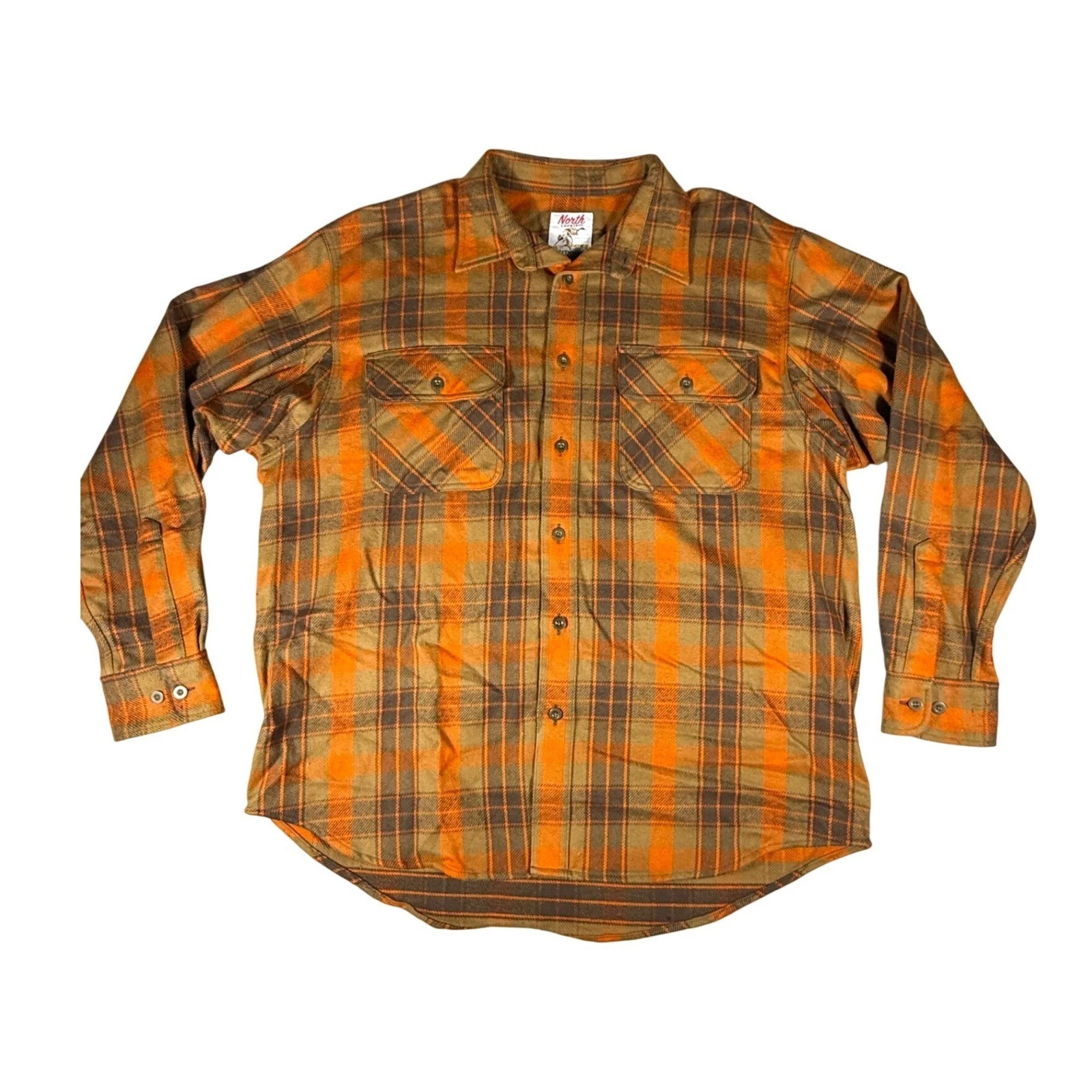 North Country Outdoor Mens XL Orange Cozy Plaid Flannel Button Down Shirt Cotton