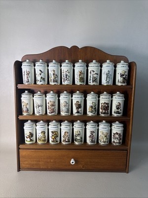 Cham, Switzerland 1987 Hummel Spice Jars With Wooden Wall Rack Lot Of 24