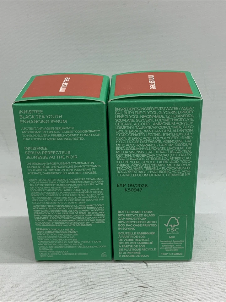 Suero facial potenciador juvenil Innisfree Black Tea 30 ml/1,01 fl. oz - Lote de 2 Foto 4 de 4