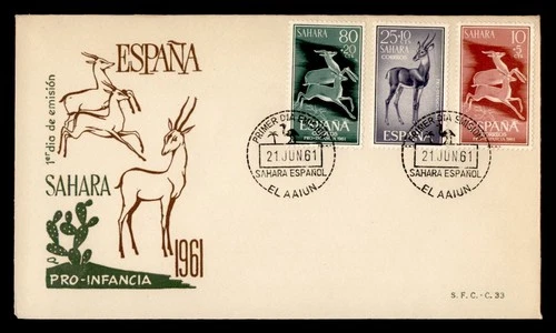 DR WHO 1961 SPANISH SAHARA FDC ANIMAL PRO INFANCIA SEMI POST COMBO M76627