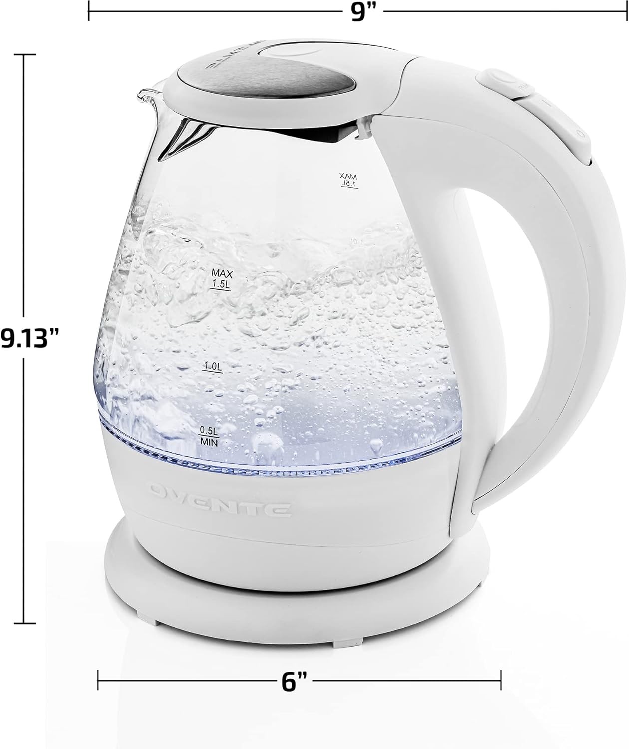OVENTE 1.5L Glass Electric Kettle with Blue LED Light, 1100W Lighted White 