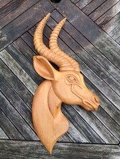 Hand Carved Wooden Pine Wall Mounted Art Sculpture Impala Antelope Gazelle Deer