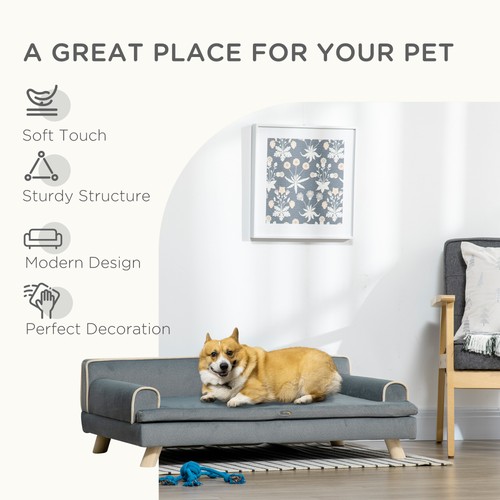 PawHut Pet Sofa for Large Dogs, Dog Couch with Wooden Legs Cushion, Grey - Picture 8 of 11