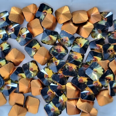 15 Stk Quadrat Tabac Gold foiled Swarovski Glasschmuckstein Glitzer Vintage alt